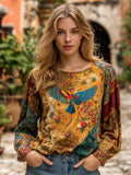 Vintage Color Parrot And Floral Linen Crew Neck Top elevenforest