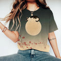 Vintage Floral & Cat Japanese Art Round Neck Casual T-Shirt elevenforest