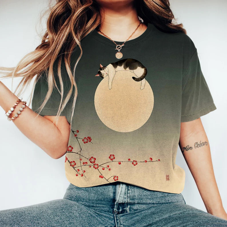 Vintage Floral & Cat Japanese Art Round Neck Casual T-Shirt elevenforest