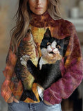 Retro Cats Art Print Knit Turtleneck Pullover Sweater elevenforest