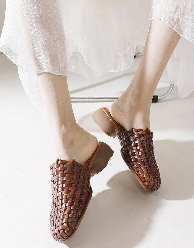 Leather Woven Slippers Wide Mules for