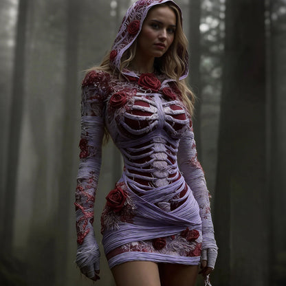 Women's Vintage Red Rose Skeleton Art Knit Hooded Mini Sweater Dress artswardrobe