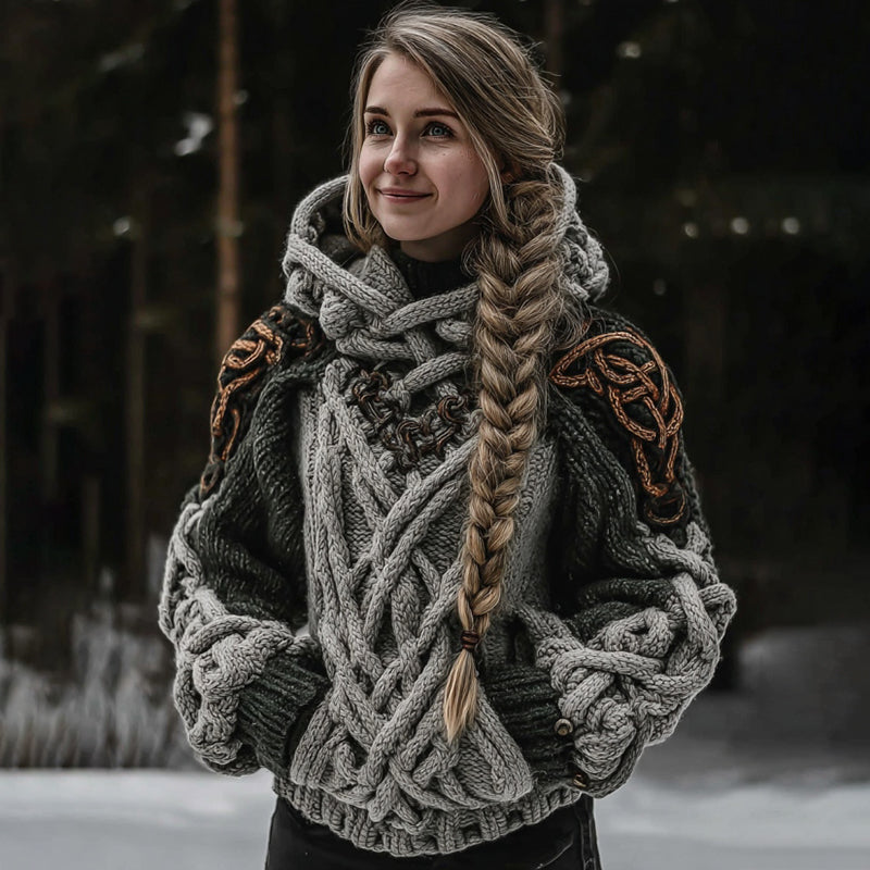 Women's Vintage Celtic Knot Art Knit Color Block Cozy Hooded Sweater artswardrobe