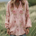 Women's Vintage Rose Art Pattern V-neck Loose Blouse elevenforest