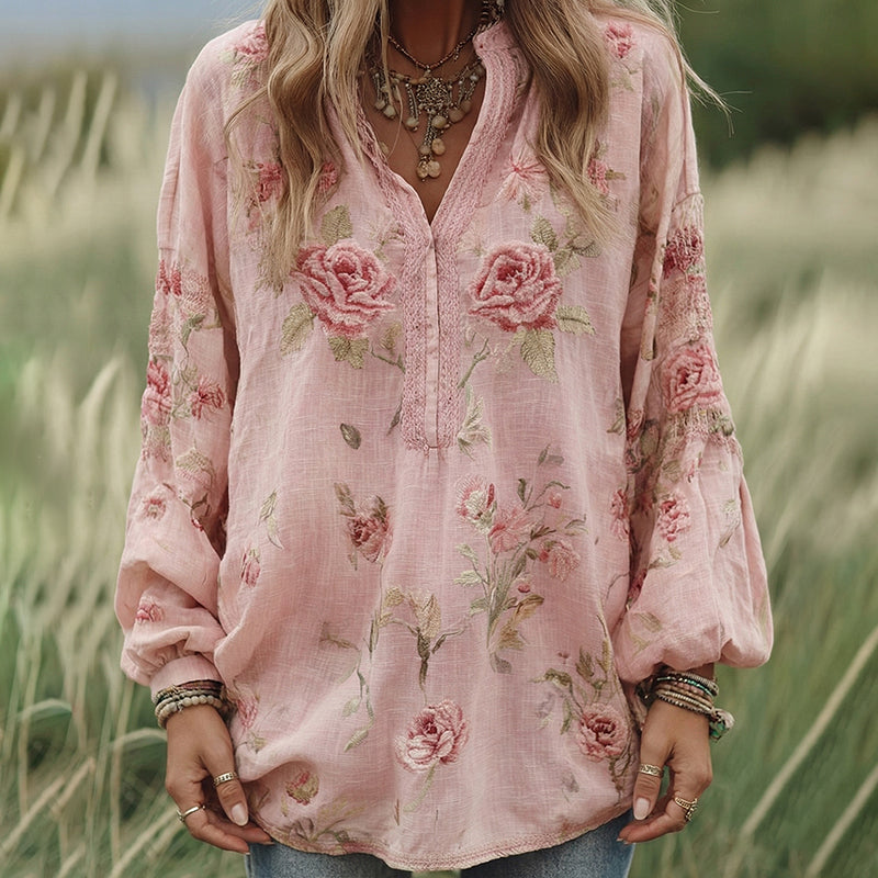 Women's Vintage Rose Art Pattern V-neck Loose Blouse elevenforest