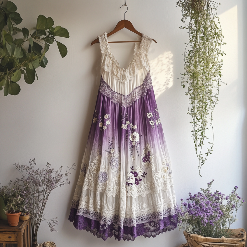 Boho Gradient Lavender Embroidered Pattern Lace Linen Dress elevenforest