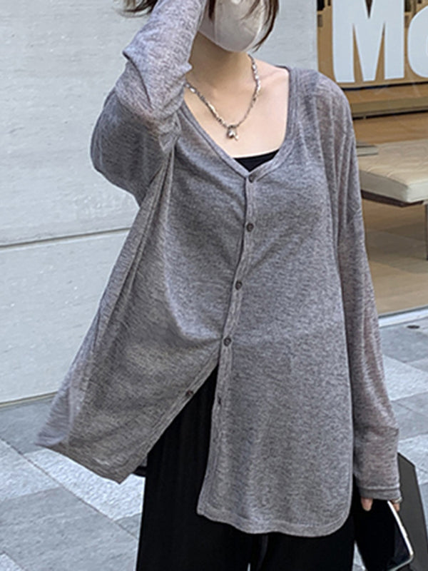 Long Sleeves Loose Buttoned Color Sun Protection V-neck Cardigan Tops