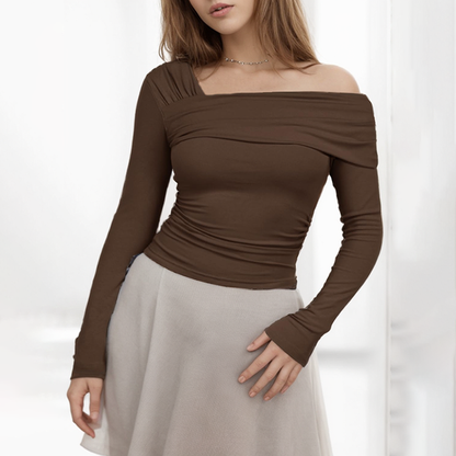 Cutenova Basic Undershirt Slash Off Shoulder Full Sleeve Shirt Shrunk Soft T-shirt Autumn Versatile Street Daily Top