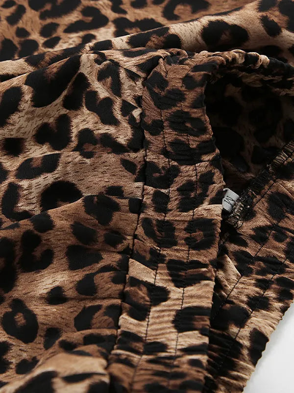 Loose Leopard Split-joint Lapel Long Sleeves Tied Waist Blouse + Elasticity Pants Trousers Two Pieces Set