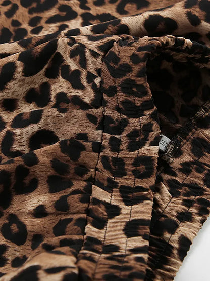 Loose Leopard Split-joint Lapel Long Sleeves Tied Waist Blouse + Elasticity Pants Trousers Two Pieces Set
