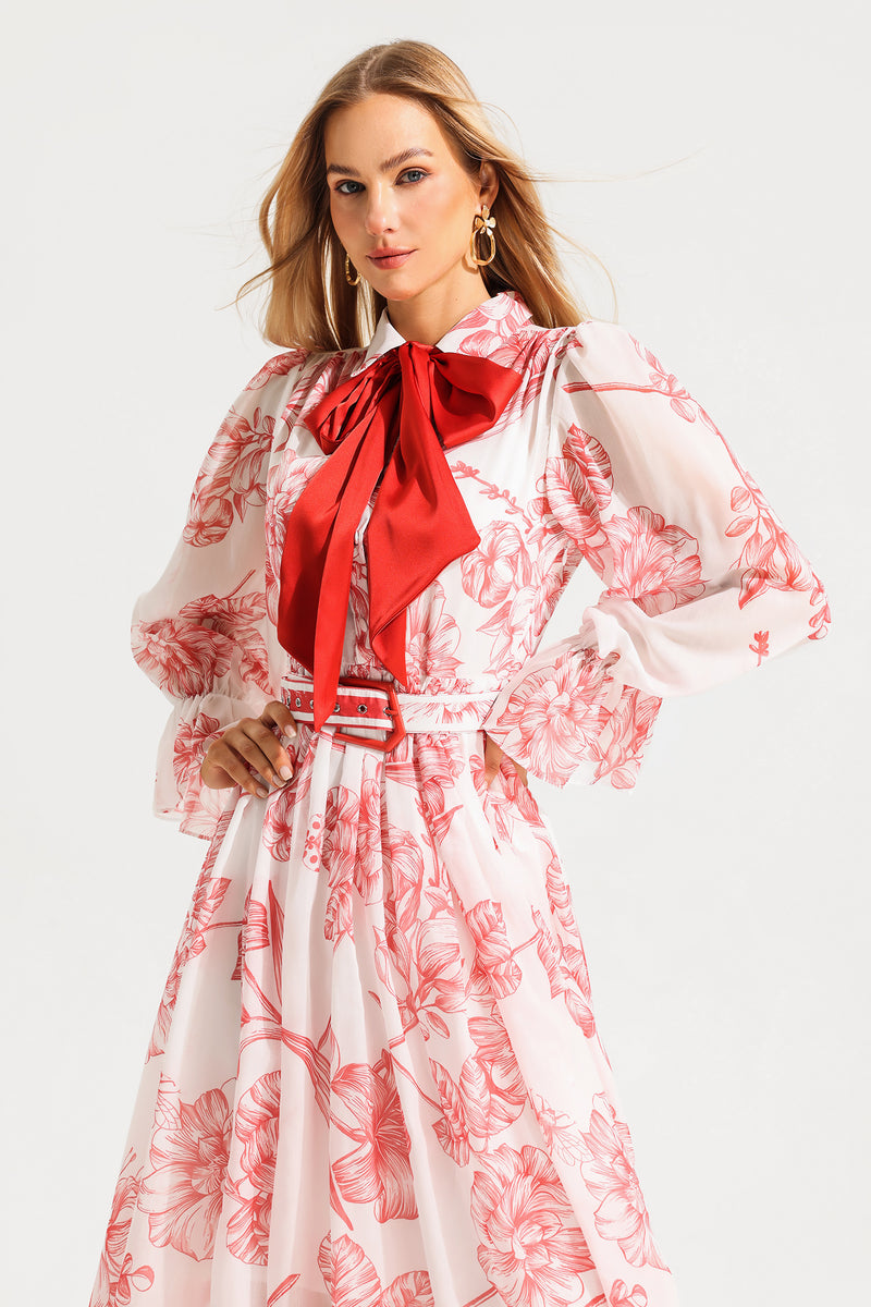 Lantern Sleeve Midi Dress With Belt
