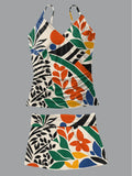 Women's Summer Floral Print Suspender Shirred Swimsuit Set