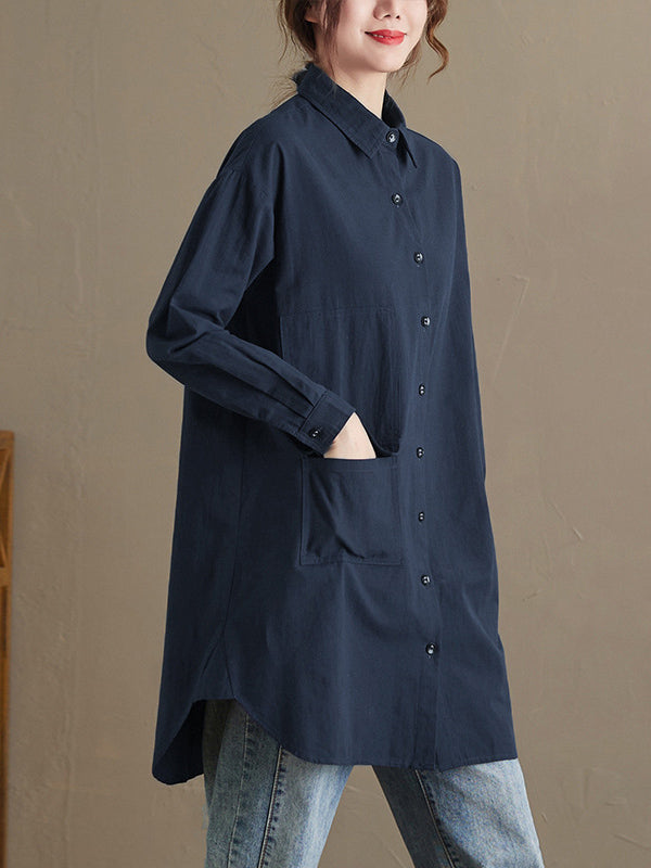 Simple Buttoned Lapel Collar Long Sleeves Blouse
