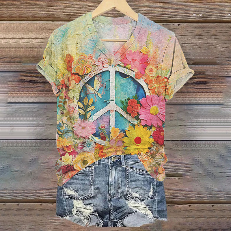Comstylish Women's Hippie Vibe Peace And Love Hippie Floral Painting Art Print T-shirt