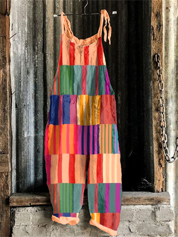 Women's Colorful Striped Pattern Linen Blend Jumpsuit elevenforest