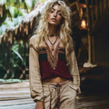 Retro Tribal Ethnic Style Tassel Embroidered Linen V-neck Shirt elevenforest