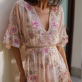 Bohemian Style Pink Rose Print V-neck Dress elevenforest