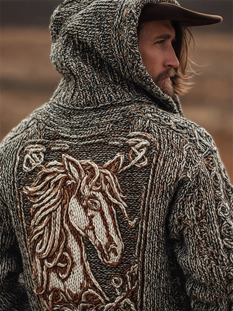 Men's Vintage Horse Celtic Cozy Knit Hooded Sweater elevenforest