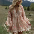 Women's Vintage Pink Floral Art V-neck Mini Dress elevenforest