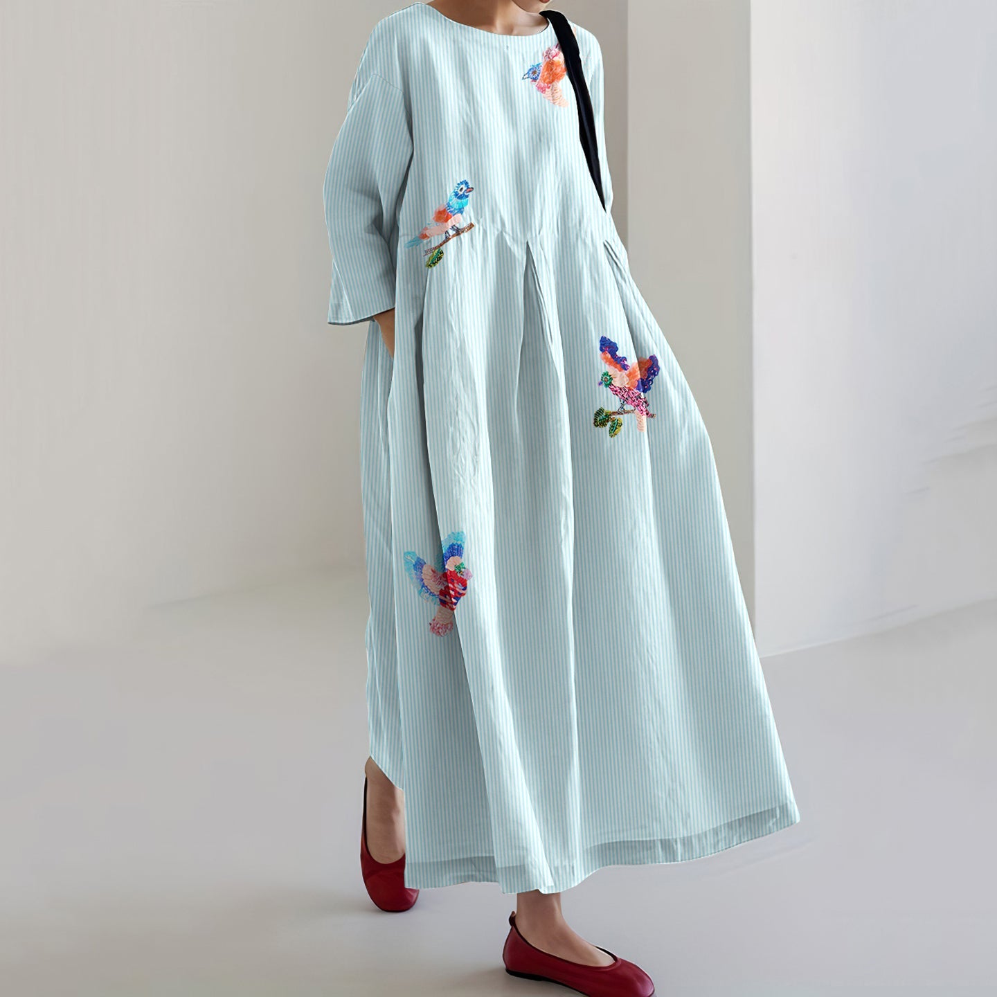 Women's Striped Sequined Bird Pattern Cotton And Linen Dress elevenforest