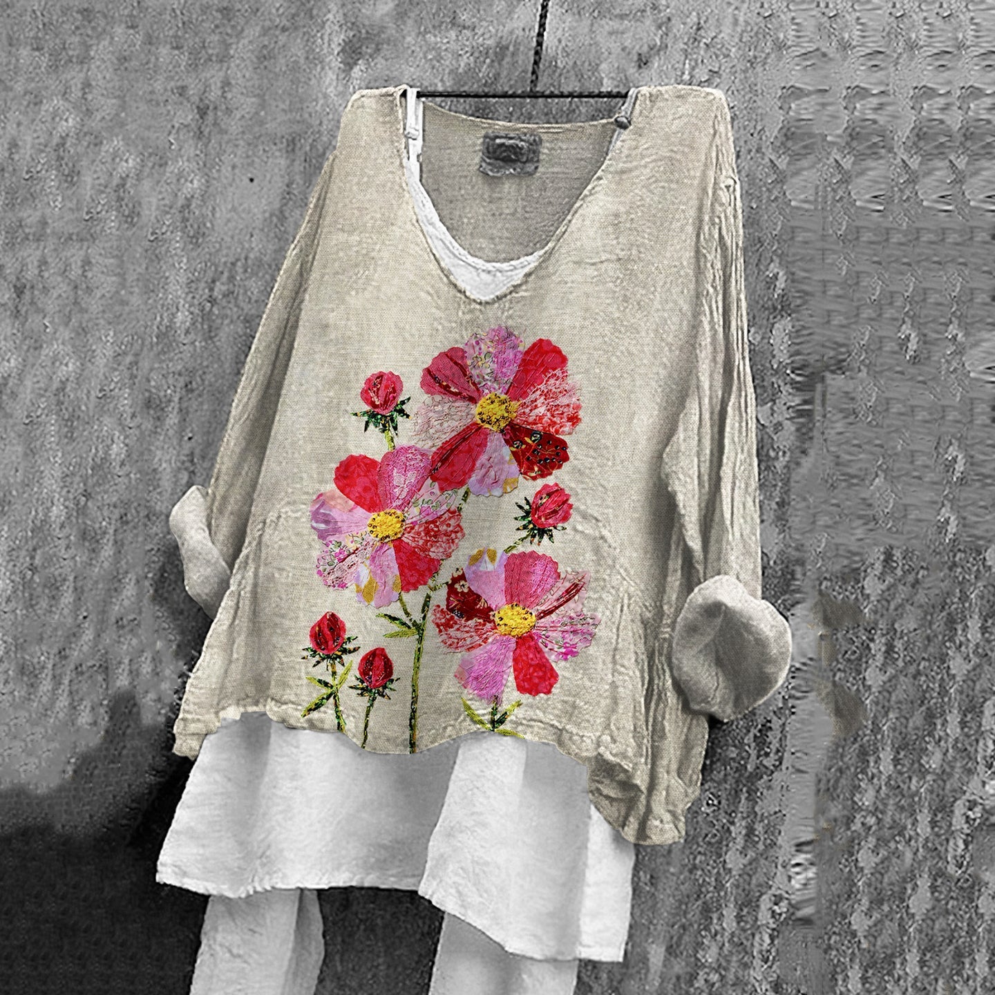 Comstylish Women's Vintage Flower Embroidery Art Linen T-shirt