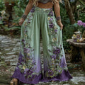 Floral Embroidered Art Print Straight Leg Linen Blend Pants elevenforest