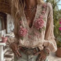 Women's Vintage Pink Rose Embroidery Linen Casual Shirt elevenforest