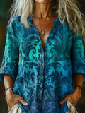 Women's Gradient Folk Floral Art Pattern Print Casual Cotton Linen Shi