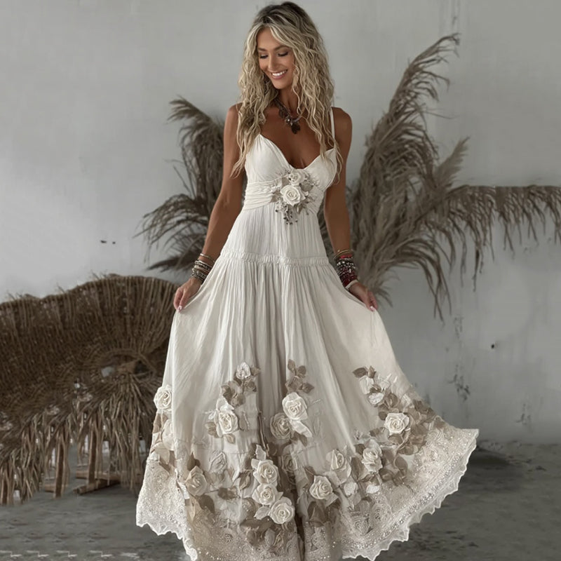 Women's Vintage Floral Embroidery Art V-neck Casual Camisole Dress elevenforest