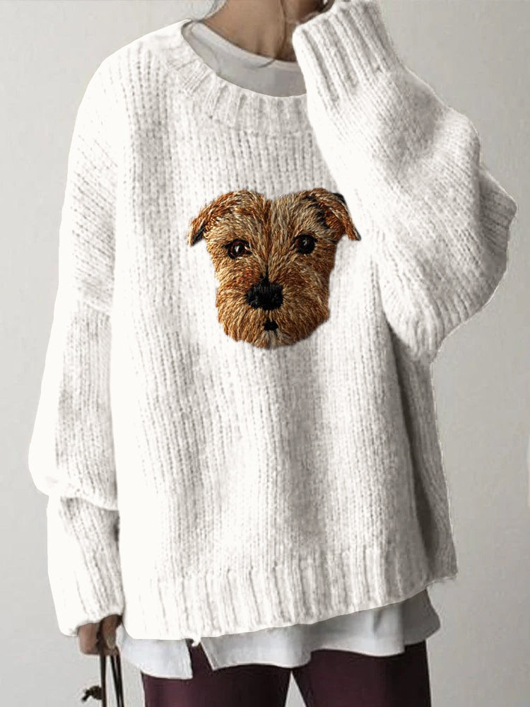 Comstylish Cute Norfolk Terrier Embroidered Cozy Knit Sweater