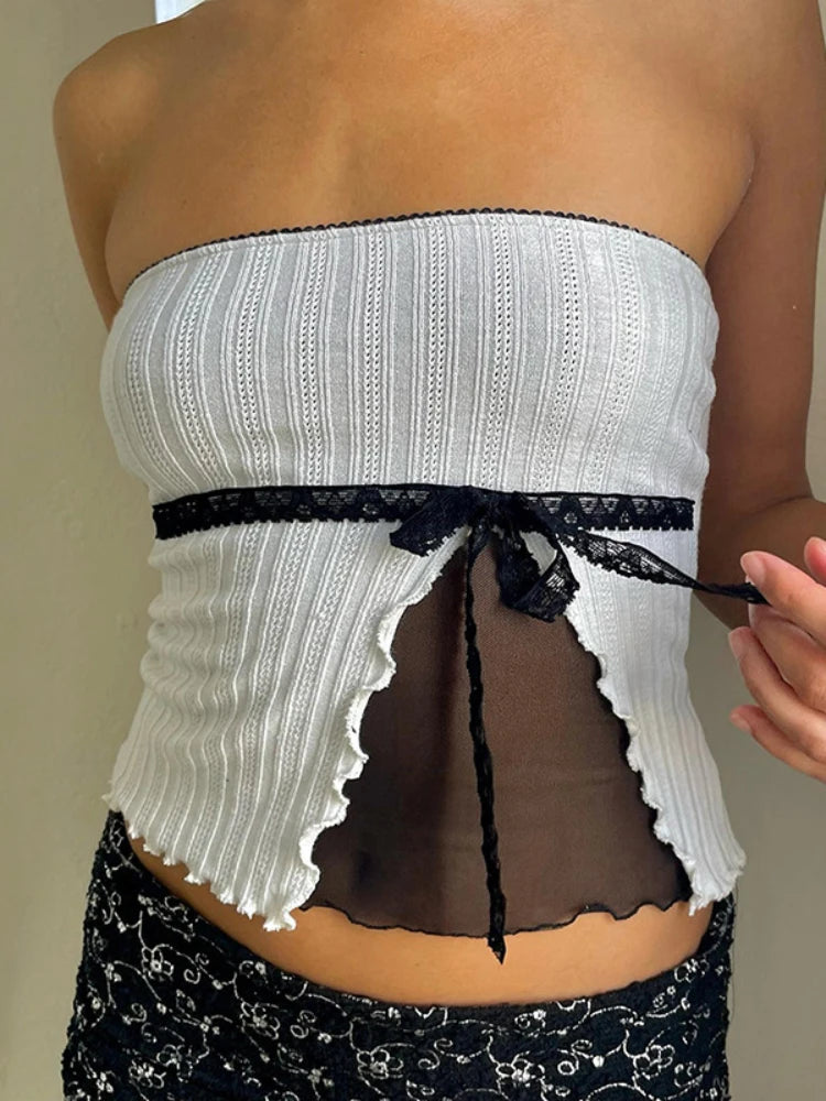 Taruxy Splice Mesh Slim Crop Tops for Sleeveless Off Shoulder Backless Top Bow Bandage Short Tees Femme