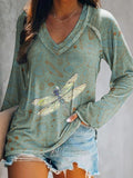 Women's Vintage Dragonfly Art Print V Neck Long Sleeve Tops