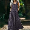 Women's Retro Floral Art Sleeveless Linen V-neck Maxi Dress elevenforest