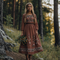Vintage Plant Floral Embroidered Waist Closing Cotton Linen Dress elevenforest
