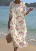 Women's Elegant Rose Floral Print Crew Neck Dress