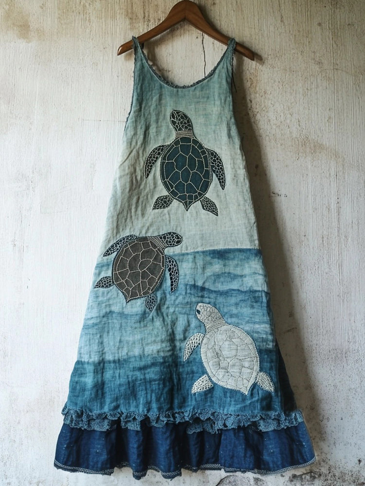 Sea Turtle Pattern Patchwork Art Linen Blend Dress elevenforest