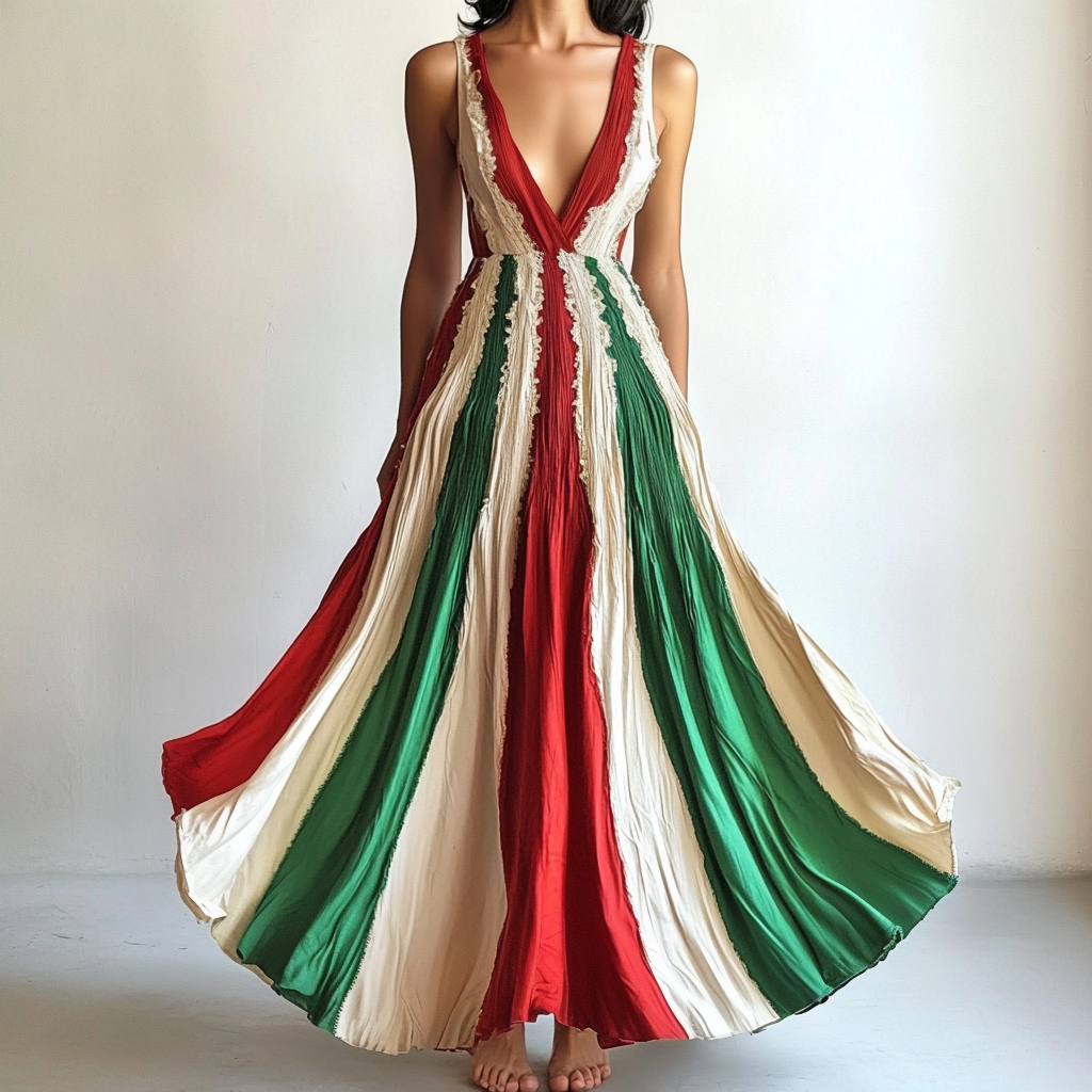Women's Vintage Italian Flag Pattern V-neck Dress elevenforest