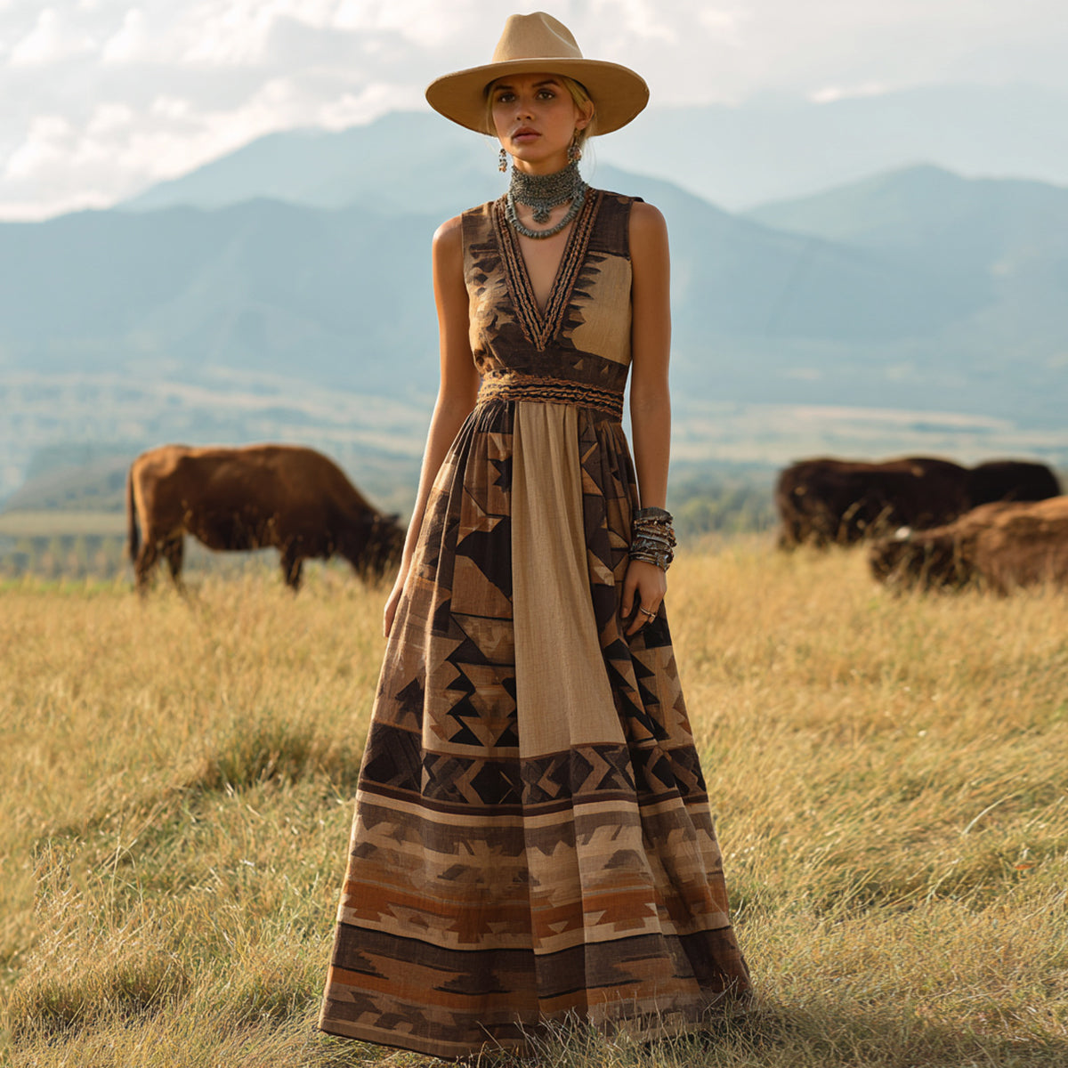 Women's Vintage Western Aztec Geometric Print V-neck Sleeveless Maxi Dress elevenforest