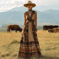 Women's Vintage Western Aztec Geometric Print V-neck Sleeveless Maxi Dress elevenforest