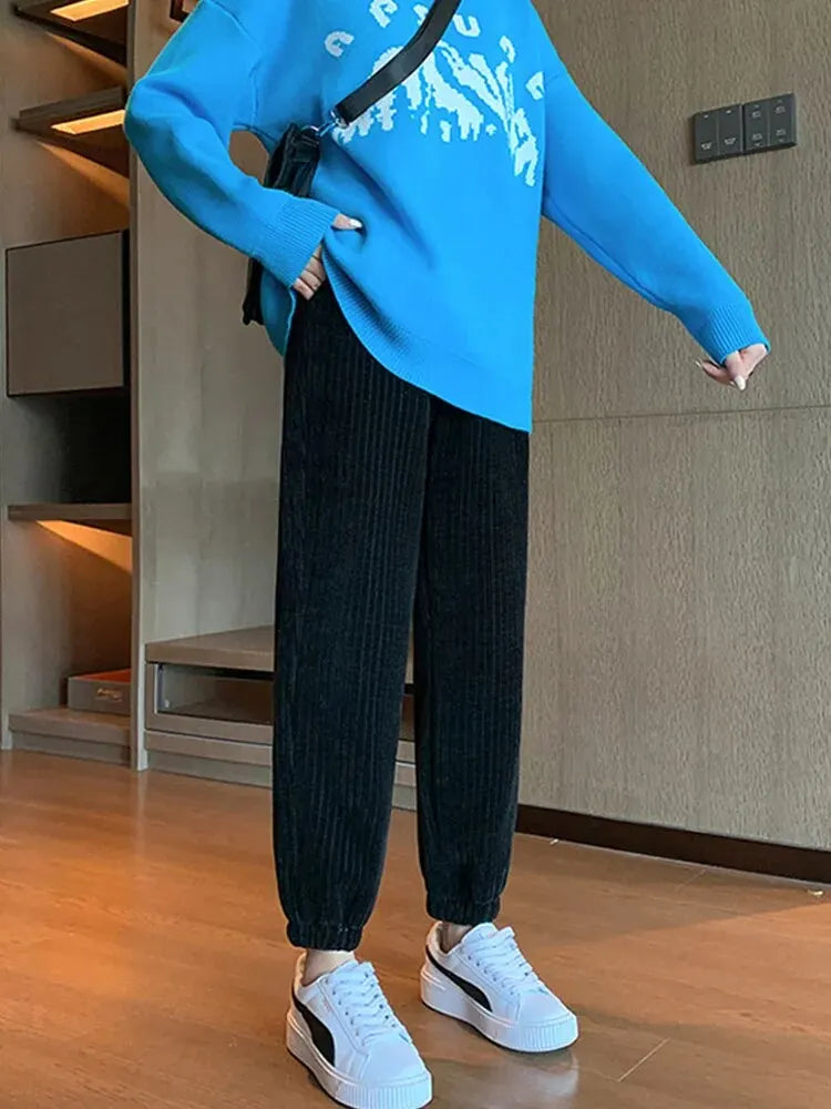 Warm Winter Plush Thick Cashmere Corduroy Pants Female Korean Style Sweatpants Loose Harem Long Trousers Joggers