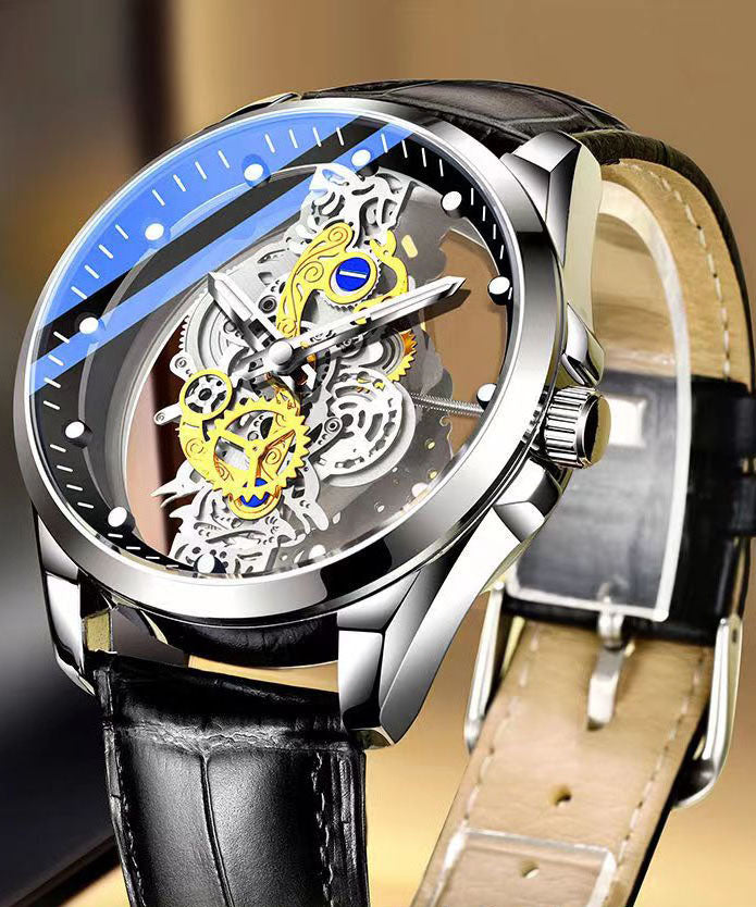 Black Leather Hollow Out Fully Automatic Machinery Watches