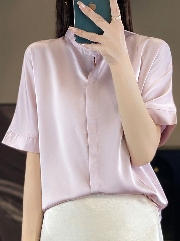 Loose Short Sleeves Buttoned Color Stand Collar Blouses&shirts Tops