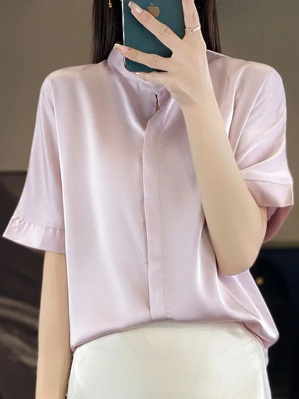 Loose Short Sleeves Buttoned Color Stand Collar Blouses&shirts Tops