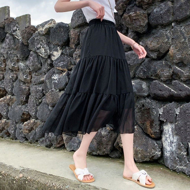 Summer Chiffon Skirts High Waist Elastic Patchwork White Black Mid Length Cake A-line Skirt for Student