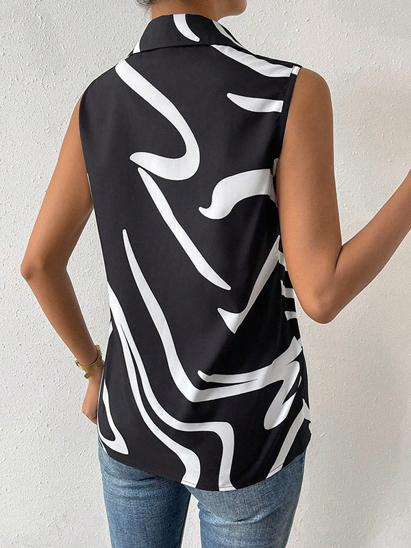 Loose Sleeveless Buttoned Printed Lapel Blouses&shirts Tops