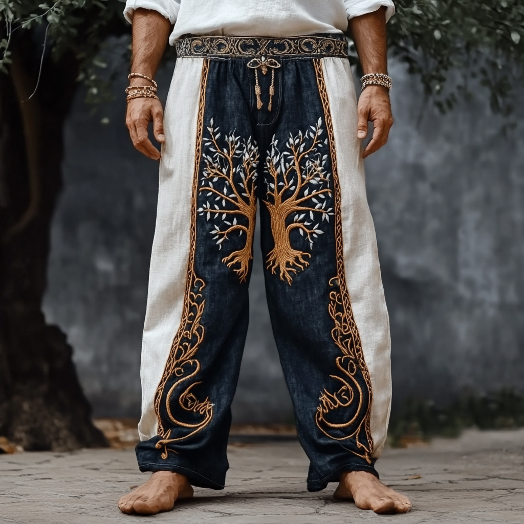 Men's Retro Viking Tree Of Life Contrast Color Linen Pants elevenforest