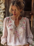 Vintage Pink Boho Roses Art Striped Linen Tunic elevenforest