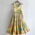 Women's Vintage Floral Art Print Crew Neck Sleeveless Cotton Pocket Dr