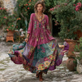 Women's Retro Flower Embroidery Patchwork Art V-neck Long Sleeve Maxi Dress elevenforest