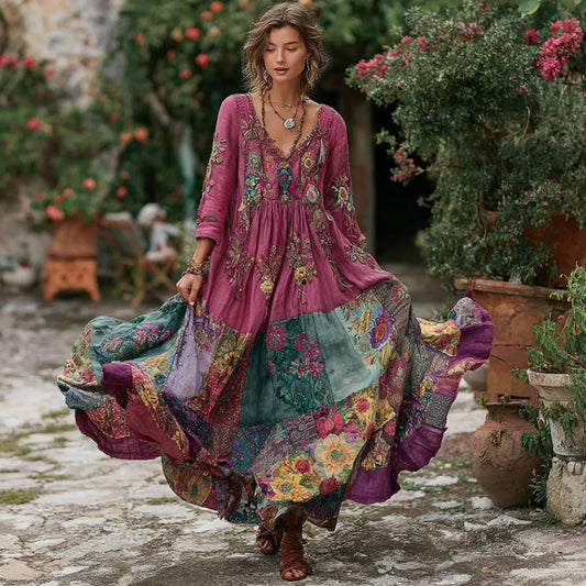 Women's Retro Flower Embroidery Patchwork Art V-neck Long Sleeve Maxi Dress elevenforest